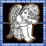 Young Child Angel With Wings Sitting Head Bent Closed Eyes Vector Design Element Graphic Icon Grind SVG PNG JPG Vector Cutting Cricut
