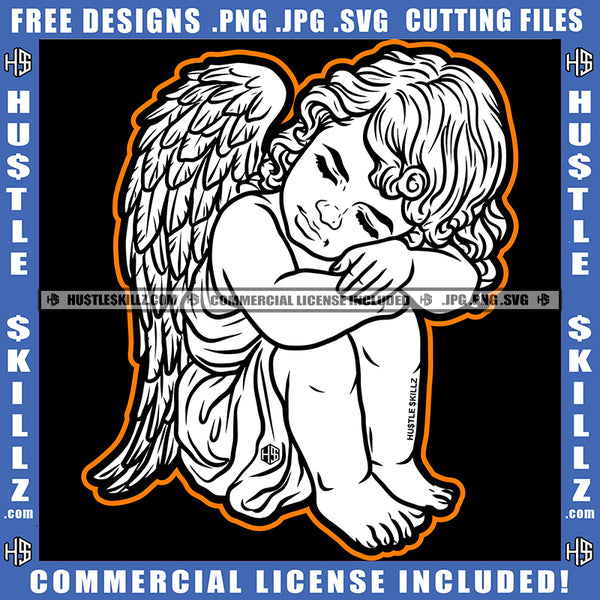 Young Child Angel With Wings Sitting Head Bent Closed Eyes Vector Design Element Graphic Icon Grind SVG PNG JPG Vector Cutting Cricut