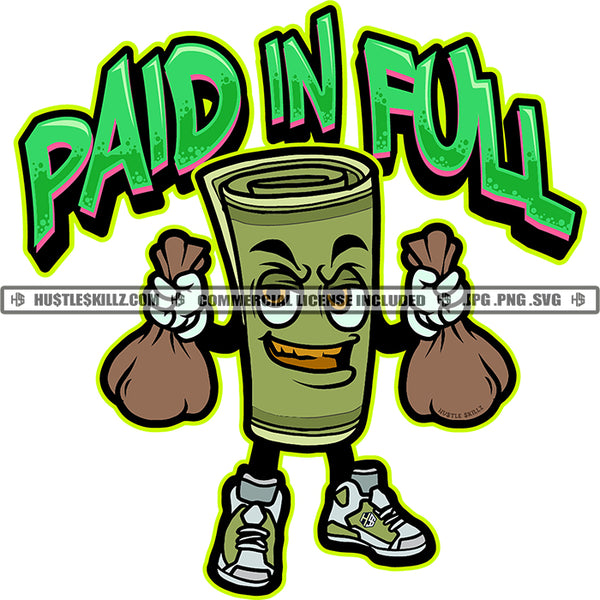 Cartoon Money Roll Funny Character Holding Money Bag Design Element Cash Money Roll Smile Face SVG JPG PNG Vector Clipart Cricut Cutting Files