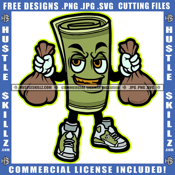 Funny Cartoon Cash Money Roll Character Holding Money Bag Design Element Money Character Smile Face SVG JPG PNG Vector Clipart Cricut Cutting Files