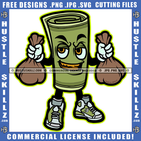 Funny Cartoon Cash Money Roll Character Holding Money Bag Design Element Money Character Smile Face SVG JPG PNG Vector Clipart Cricut Cutting Files
