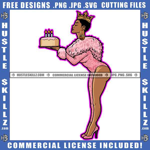 African American Birthday Queen Melanin Woman Girl Cake Female Party Crown On Head Afro Hair Happy Celebration Logo Hustle Skillz SVG PNG JPG Vector Cut Files