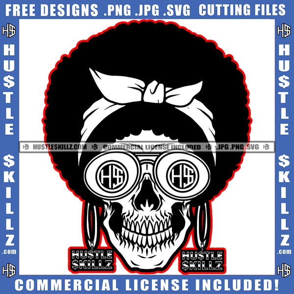 Funky Skull Head Wearing Sunglass Afro Hair Skull Head Design Element Smile Face Skeleton SVG JPG PNG Vector Clipart Cricut Cutting Files