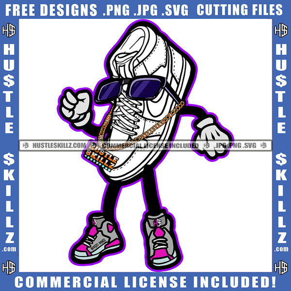 Funny Cartoon Shoes Character Wearing Sunglass And Hustle Chain Slipper Standing Design Element Shoe Character Also Wearing Shoe SVG JPG PNG Vector Clipart Cricut Cutting Files