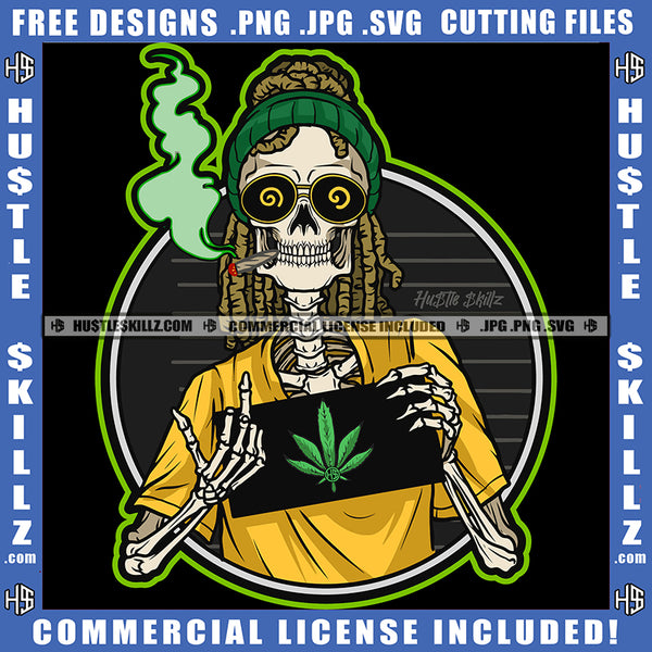 Skull Skelton Smoking Weed Skull Holding Weed Paper Middle Finger Hand Sign Design Element Locs Dreads Hair Skull Head SVG JPG PNG Vector Clipart Cricut Cutting Files