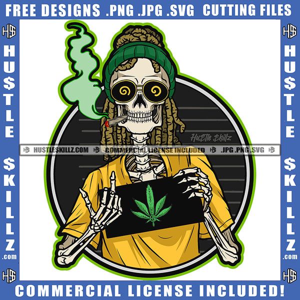 Skull Skelton Smoking Weed Skull Holding Weed Paper Middle Finger Hand Sign Design Element Locs Dreads Hair Skull Head SVG JPG PNG Vector Clipart Cricut Cutting Files