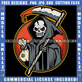 Grim Reaper Skeleton's Skull Death Bone Horror Scary Halloween Dripping Blood Design Element Holding Cash Bag Evil Eyes Logo Hustle Skillz SVG PNG JPG Vector Cut Files