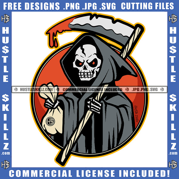 Grim Reaper Skeleton's Skull Death Bone Horror Scary Halloween Dripping Blood Design Element Holding Cash Bag Evil Eyes Logo Hustle Skillz SVG PNG JPG Vector Cut Files