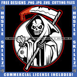 Grim Reaper Skeleton's Skull Death Bone Horror Scary Design Element Halloween Dripping Blood Holding Cash Bag Evil Eyes Logo SVG PNG JPG Vector Cut Files