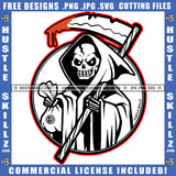 Grim Reaper Skeleton's Skull Death Bone Horror Scary Design Element Halloween Dripping Blood Holding Cash Bag Evil Eyes Logo SVG PNG JPG Vector Cut Files