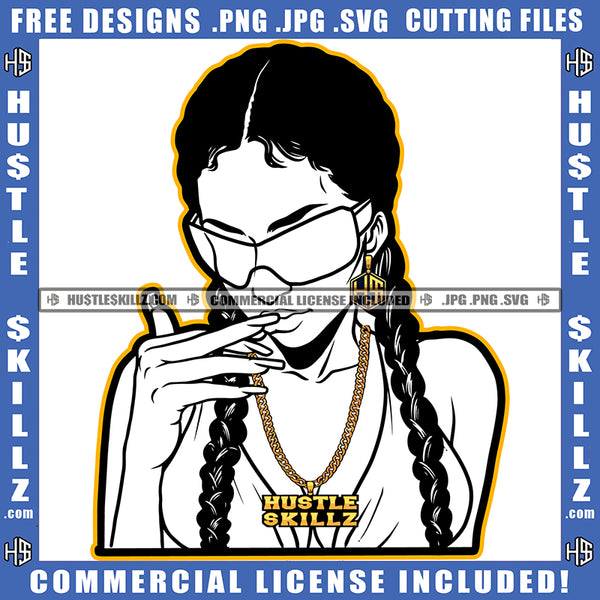 African American Black Woman Two Long Braids Wearing Sunglasses Finger Lips Halter Vector White Color Design Element Female Lady Graphic Grind Skillz SVG PNG JPG Vector Cutting Cricut