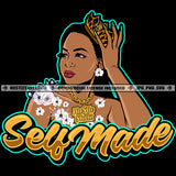 Self Made Quote Color Vector Black Woman Queen Crown On Head Flowers Necklace Chain Design Element Earrings Bare Chest Graphic Grind SVG PNG JPG Vector Cutting Cricut Files