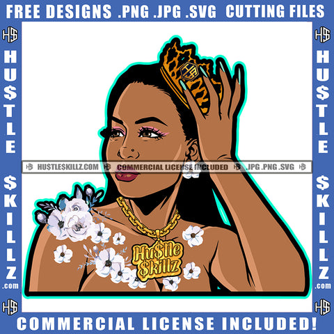 African American Black Woman Queen Crown On Head Flowers Necklace Chain Design Element Earrings Bare Chest Graphic Grind SVG PNG JPG Vector Cutting Cricut Files