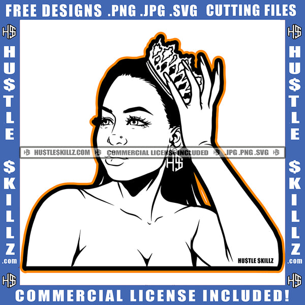 African American Black Woman Queen Crown On Hand Flowers Necklace Chain Earrings Design Element Melanin Woman Bare Chest Graphic Grind SVG PNG JPG Vector Cutting Cricut Files