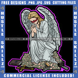 Wake Up Pray Hustle Quote Color Vector Praying Winged Angel Woman Sitting Design Element Lot Of Money Bundle And Gun Of Floor SVG JPG PNG Vector Clipart Cricut Cutting Files