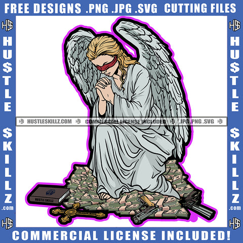 Praying Winged Angel Woman Sitting Design Element Lot Of Money Bundle And Gun Of Floor SVG JPG PNG Vector Clipart Cricut Cutting Files
