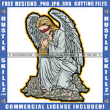 Praying Winged Angel Woman Sitting Design Element Angle Blind Eye Lot Of Money Bundle And Gun Of Floor SVG JPG PNG Vector Clipart Cricut Cutting Files