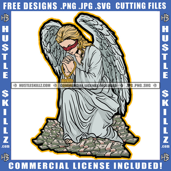 Praying Winged Angel Woman Sitting Design Element Angle Blind Eye Lot Of Money Bundle And Gun Of Floor SVG JPG PNG Vector Clipart Cricut Cutting Files