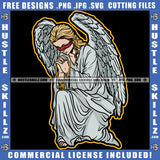 Praying Winged Angel Woman Sitting Design Element Lot Of Money Bundle And Gun Of Floor Angle Blind Eye SVG JPG PNG Vector Clipart Cricut Cutting Files