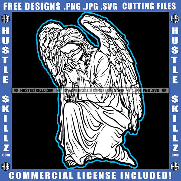 Hard Praying Hand Winged Angel Woman Sitting Design Element Lot Of Money Bundle And Gun Of Floor SVG JPG PNG Vector Clipart Cricut Cutting Files