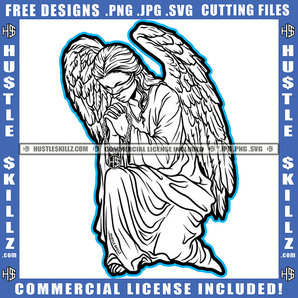 Hard Praying Hand Winged Angel Woman Sitting Design Element Lot Of Money Bundle And Gun Of Floor SVG JPG PNG Vector Clipart Cricut Cutting Files