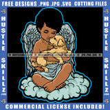 Young Child Angle Holding Dog Wings Design Element Puppy Brown Body Child Angle Afro Hair SVG JPG PNG Vector Clipart Cricut Cutting Files