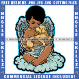 Young Child Angle Holding Dog Wings Design Element Puppy Brown Body Child Angle Afro Hair SVG JPG PNG Vector Clipart Cricut Cutting Files