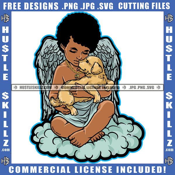 Young Child Angle Holding Dog Wings Design Element Puppy Brown Body Child Angle Afro Hair SVG JPG PNG Vector Clipart Cricut Cutting Files