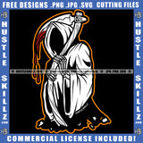 Grim Reaper Halloween Standing No Face Blood Dripping On Stick Wearing White Cloth Vector Design Element Devil Evil Face SVG JPG PNG Vector Clipart Cricut Cutting Files