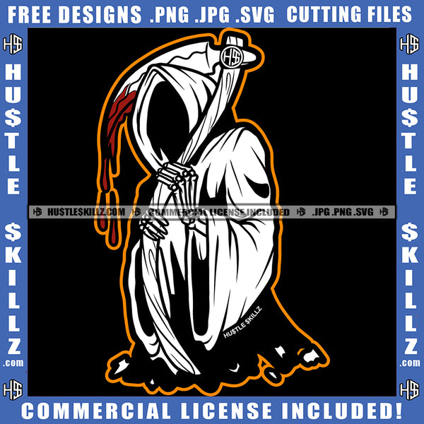 Grim Reaper Halloween Standing No Face Blood Dripping On Stick Wearing White Cloth Vector Design Element Devil Evil Face SVG JPG PNG Vector Clipart Cricut Cutting Files