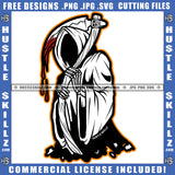 Grim Reaper Halloween Standing No Face Blood Dripping On Stick Wearing White Cloth Vector Design Element Devil Evil Face SVG JPG PNG Vector Clipart Cricut Cutting Files