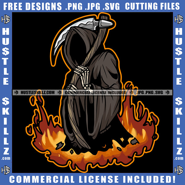 Grim Reaper Halloween Standing No Face Blood Dripping On Stick Fire On Floor Vector Design Element Devil Evil Face SVG JPG PNG Vector Clipart Cricut Cutting Files