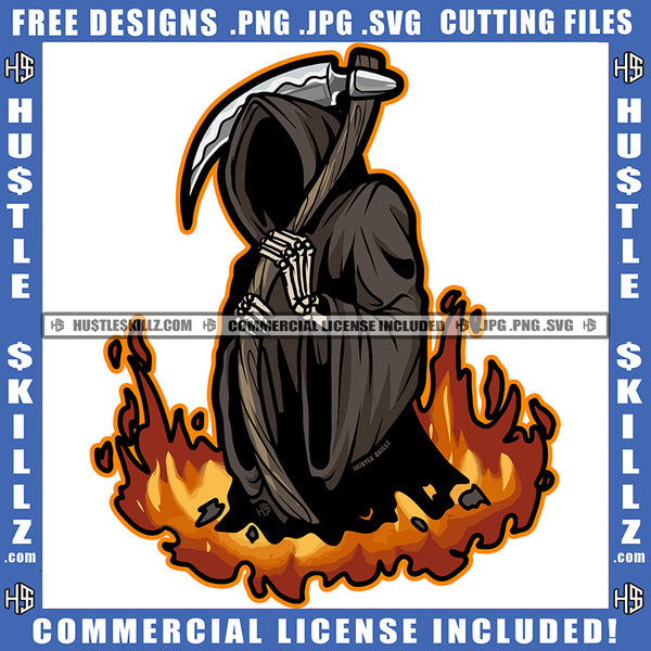Grim Reaper Halloween Standing No Face Blood Dripping On Stick Fire On Floor Vector Design Element Devil Evil Face SVG JPG PNG Vector Clipart Cricut Cutting Files