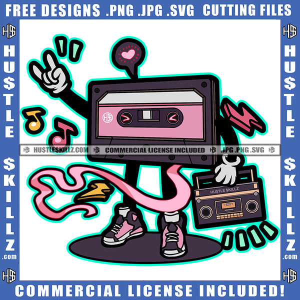 Cassette Disk Jockey Music DJ old style plates Comic Cartoon Vector Design Element Holding Radio Dj Box SVG JPG PNG Vector Clipart Cricut Cutting Files