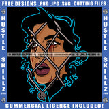 King of Pop Star Face On Cage Eyes Face Blood Dripping Vector Design Element Black Curly Hair SVG JPG PNG Vector Clipart Cricut Cutting Files