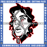 King of Pop Star Face On Cage Eyes Face Blood Dripping White Face Vector Design Element Black Curly Hair SVG JPG PNG Vector Clipart Cricut Cutting Files
