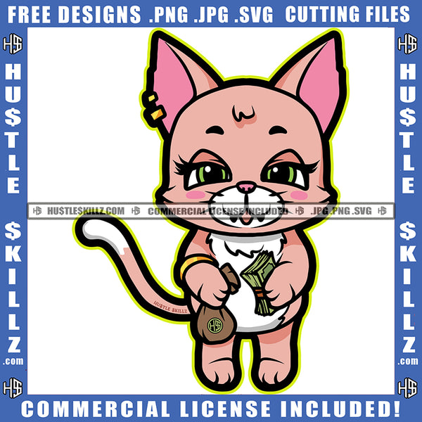 Cute Misa Cat Standing Smile Face Cat Holding Money And Money Bag Ear Ring Design Element SVG JPG PNG Vector Clipart Cricut Cutting Files
