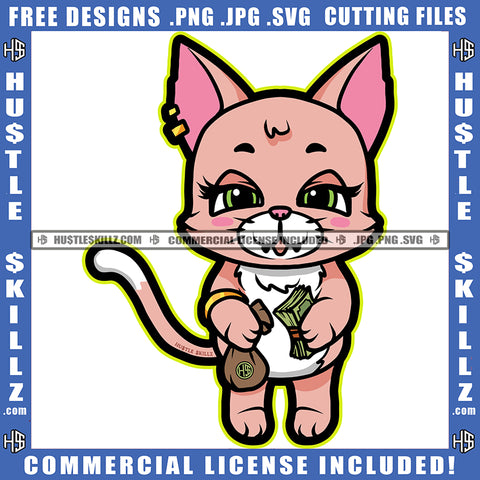 Cute Misa Cat Standing Smile Face Cat Holding Money And Money Bag Ear Ring Design Element SVG JPG PNG Vector Clipart Cricut Cutting Files