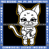 Cute Misa Cat Standing Smile Face Cat Holding Money And Money Bag White Color Design Element Cute Cat Wearing Ear Ring SVG JPG PNG Vector Clipart Cricut Cutting Files