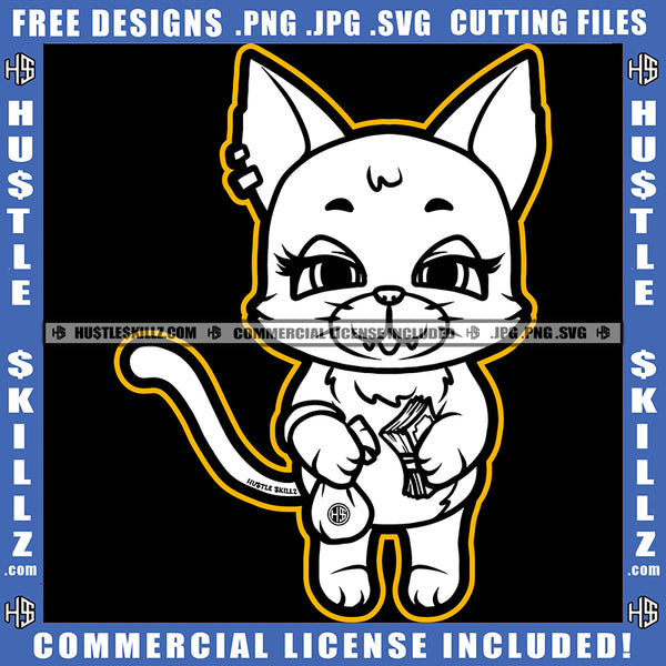 Cute Misa Cat Standing Smile Face Cat Holding Money And Money Bag White Color Design Element Cute Cat Wearing Ear Ring SVG JPG PNG Vector Clipart Cricut Cutting Files
