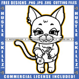 Cute Misa Cat Standing Smile Face Cat Holding Money And Money Bag White Color Design Element Cute Cat Wearing Ear Ring SVG JPG PNG Vector Clipart Cricut Cutting Files