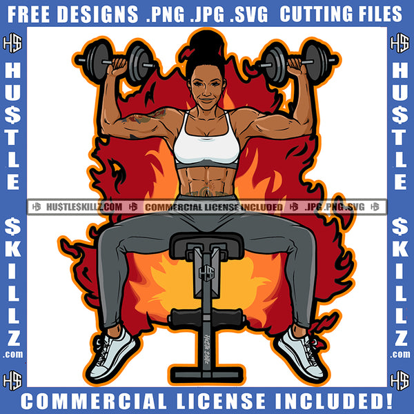 African American Fitness Woman Holding Dumbbell Melanin Woman Six Pack Sitting Gym Machine Fire Background Design Element SVG JPG PNG Vector Clipart Cricut Cutting Files