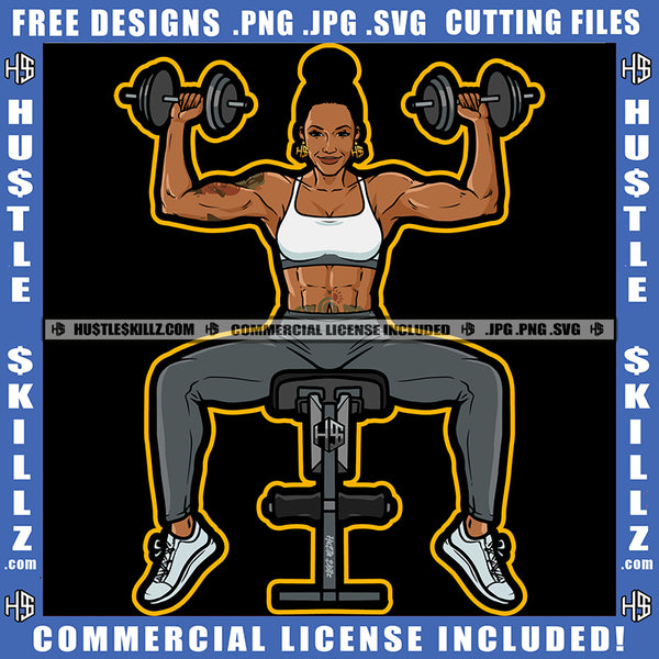 African American Fitness Woman Holding Dumbbell Melanin Woman Six Pack Sitting Gym Machine Design Element SVG JPG PNG Vector Clipart Cricut Cutting Files