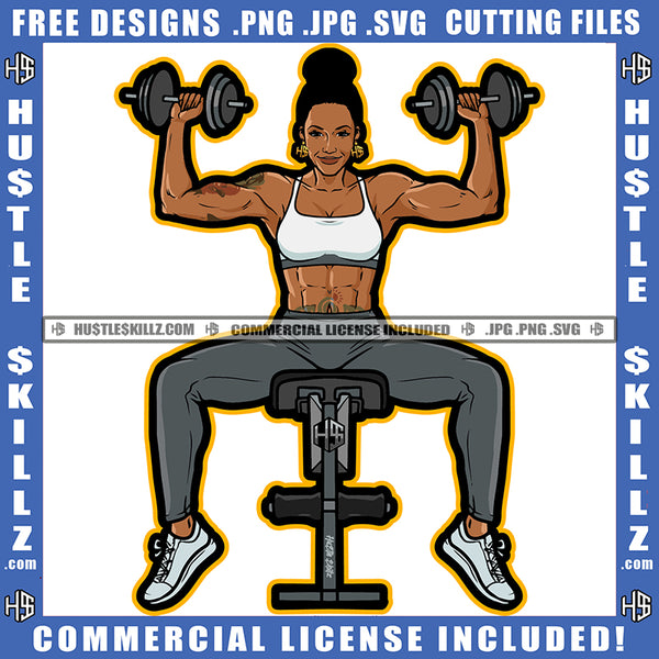 African American Fitness Woman Holding Dumbbell Melanin Woman Six Pack Sitting Gym Machine Design Element SVG JPG PNG Vector Clipart Cricut Cutting Files