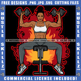 African American Fitness Woman Holding Dumbbell Melanin Woman Six Pack Wearing Bikini Sitting Gym Machine Fire Background Design Element SVG JPG PNG Vector Clipart Cricut Cutting Files