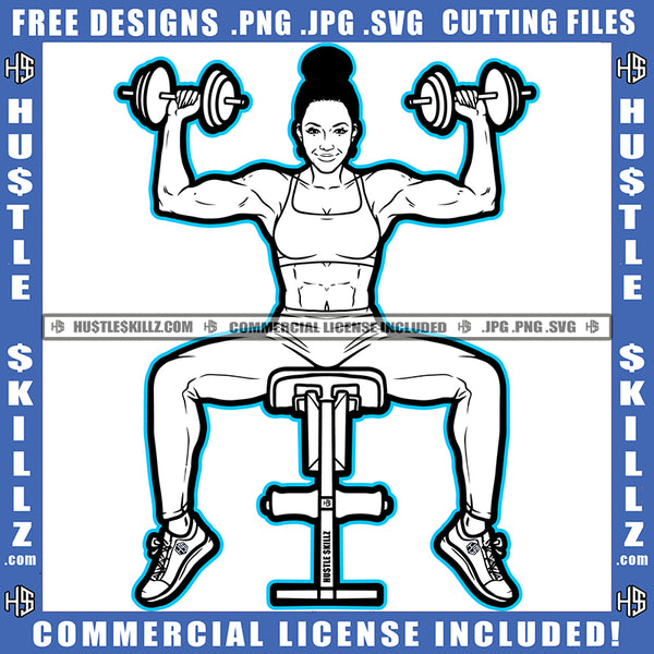 African American Fitness Woman Holding Dumbbell Melanin Woman Six Pack Sitting Gym Machine White Background Design Element SVG JPG PNG Vector Clipart Cricut Cutting Files