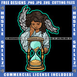Young Melanin Angel On Wings Design Element Hour Glass Time Sand Clock Timer Watch Hour Flow Hustle Grind Skillz SVG PNG JPG Vector Cutting Cricut Files