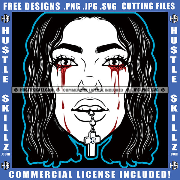 African American Woman Eyes Vector Design Element Eyes Blood Dripping Cross Bite On Mouth Melanin Woman Black Color Hair Vector SVG JPG PNG Vector Clipart Cricut Cutting Files