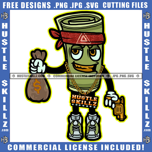Rolled Dollar Bill Holding Gun And Money Bank Design Element Smile Face Money Roll Cartoon Standing SVG JPG PNG Vector Clipart Cricut Cutting Files