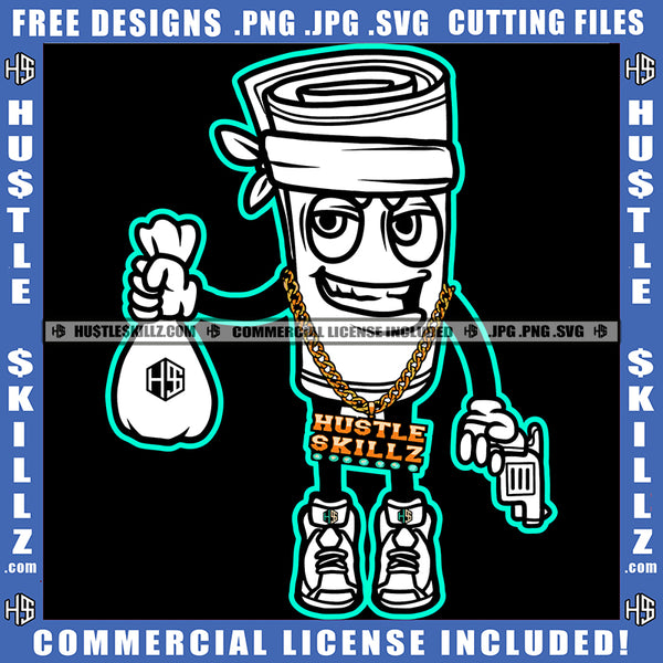 White Color Rolled Dollar Bill Holding Gun And Money Bank Design Element Smile Face Money Roll Cartoon Standing SVG JPG PNG Vector Clipart Cricut Cutting Files